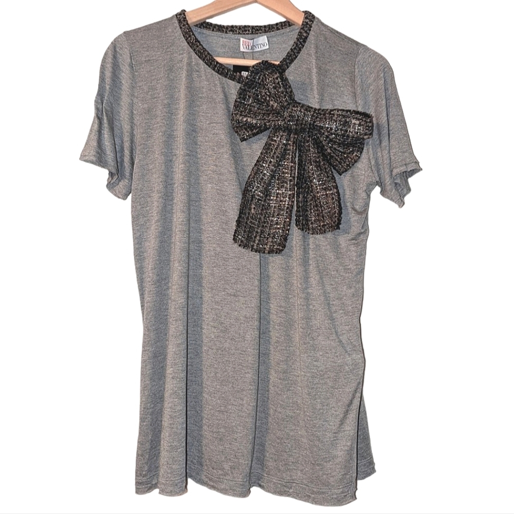NWT Valentino Grey Tweed Bow Embellished Short Sleeve Modal Top Shirt Medium